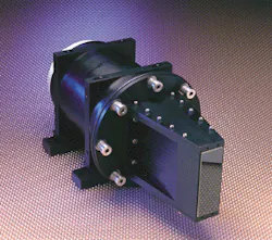 FIGURE 3. In one typical assembly, a 1 x 3 x 5 rectangular fiber is butted to a 3.5:1, 90-mm fiberoptic taper, which in turn is bonded to a Kodak KAF4200 charge-coupled device. FIGURE 3. In one typical assembly, a 1 x 3 x 5 rectangular fiber is butted to a 3.5:1, 90-mm fiberoptic taper, which in turn is bonded to a Kodak KAF4200 charge-coupled device.
