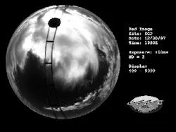 The top image is a whole-sky imager daytime image with clouds; the bottom image is a nighttime image with thin clouds. At the center of both is the zenith; the edge is the horizon. The top image is a whole-sky imager daytime image with clouds; the bottom image is a nighttime image with thin clouds. At the center of both is the zenith; the edge is the horizon.