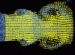 Particle imaging velocimetry techniques can be used to freeze and visualize the steady-state flow leaving a jet. The magnitude of the velocity is represented by the length of arrows that point in the direction of flow. Individual seeding particle images are visible as a grainy background.