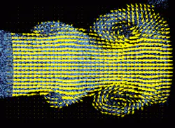 Particle imaging velocimetry techniques can be used to freeze and visualize the steady-state flow leaving a jet. The magnitude of the velocity is represented by the length of arrows that point in the direction of flow. Individual seeding particle images are visible as a grainy background. Particle imaging velocimetry techniques can be used to freeze and visualize the steady-state flow leaving a jet. The magnitude of the velocity is represented by the length of arrows that point in the direction of flow. Individual seeding particle images are visible as a grainy background.