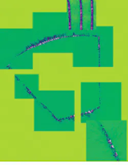 FIGURE 1. Images of the evanescent field in a III-V waveguide derived from NSOM measurements provide an accurate (.1 µm) measure of the mode profile in the direction perpendicular to the propagation axis and show a modulation of the optical intensity along this direction. Local losses corresponding to fields propagating out of the guide can be correlated to topographic features. FIGURE 1. Images of the evanescent field in a III-V waveguide derived from NSOM measurements provide an accurate (.1 µm) measure of the mode profile in the direction perpendicular to the propagation axis and show a modulation of the optical intensity along this direction. Local losses corresponding to fields propagating out of the guide can be correlated to topographic features.
