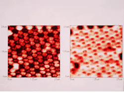 NSOM (near-field scanning optical microscope) image of 10-nm-high aluminum islands deposited on a glass substrate (left) has much greater resolution than image made with a traditional diffraction-limited optical microscope (right). NSOM (near-field scanning optical microscope) image of 10-nm-high aluminum islands deposited on a glass substrate (left) has much greater resolution than image made with a traditional diffraction-limited optical microscope (right).