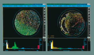 Polystyrene spheres, 0.496 mm in diameter, were deposited on the left half of a polished wafer and then scanned using circular polarization (left). The histogram at the bottom shows the detected size distribution of the spheres. The peak in the green area indicates that identical spheres are being detected as uniformly sized. The same wafer was scanned using linear polarization (right). Because linear polarization is unable to eliminate the effect of nonuniform film thickness, identical spheres in different locations have been detected as widely distributed in size. As a result, the green area of the histogram at the bottom has no peak.