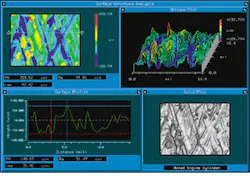 FIGURE 2. Surface height data acquired using scanning white-light interferometry can be presented in a variety of forms including (clockwise from upper left) a false-color relief map, a three- dimensional wire-frame rendering, a two-dimensional surface profile, and a solid surface plot. FIGURE 2. Surface height data acquired using scanning white-light interferometry can be presented in a variety of forms including (clockwise from upper left) a false-color relief map, a three- dimensional wire-frame rendering, a two-dimensional surface profile, and a solid surface plot.