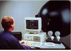 FIGURE 1. Diode-array-based spectral-lamp-measurement system determines flux and color temperature for strong emission-line light sources such as high-density discharge street lamps or compact fluorescent lights. The lamp under test is placed in the integrating sphere at the right.