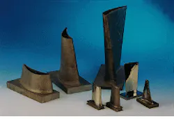 FIGURE 4. Laser-generated metal parts have material properties very similar to those machined from metal, although the generated parts are harder and less flexible. These turbine blades were made with a CO2 laser. FIGURE 4. Laser-generated metal parts have material properties very similar to those machined from metal, although the generated parts are harder and less flexible. These turbine blades were made with a CO2 laser.