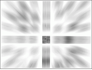 Center square of raw image taken with a computed-tomography imaging spectrometer is the result of direct imaging through a computer-generated holographic disperser and undergoes no dispersion. To produce the final image cube, software must map data from all diffraction orders into each voxel of the image cube, a computationally intensive task. (Image is shown in inverted contrast.)