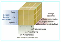FIGURE 1. The laser-tissue interaction cube comprises three axes: (x) the mechanisms of interaction, (y) the time course of the tissue response, and (z) the level of biologic structures. When laser energy irradiates tissue and something happens, the resulting event will map somewhere in this cube. FIGURE 1. The laser-tissue interaction cube comprises three axes: (x) the mechanisms of interaction, (y) the time course of the tissue response, and (z) the level of biologic structures. When laser energy irradiates tissue and something happens, the resulting event will map somewhere in this cube.
