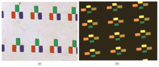 A microphotograph shows images of dichroic filters manufactured in a hybrid thin-film lithographic technique for a new, lower-cost megapixel multispectral imager. The filters can be custom designed to provide color images for low-light-level scenes (left) or for additional infrared filtering (right). Rectangular elements are 19 &times; 33 &micro;m in size.