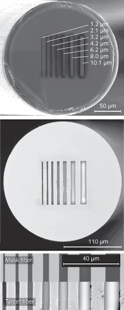The end of the mask fiber is patterned with stripes of varying width (top). The developed pattern produced on the target fiber shows a resolution of about 2 µm (center and bottom). The end of the mask fiber is patterned with stripes of varying width (top). The developed pattern produced on the target fiber shows a resolution of about 2 µm (center and bottom).