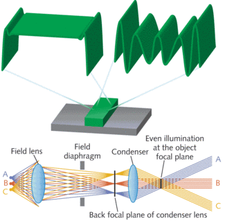 FIGURE 1. In conventional microscopy (top), a feature larger than the wavelength of light used to illuminate it will image with well-defined edges (left), while a feature smaller than the light wavelength produces a signature&ndash;and an image without clear edge definition (right). This is true when imaging both single features and arrays of features. Historically, we would dismiss the latter result as having insufficient resolution, but we now know that the signature actually contains helpful information. The optical configuration (bottom) includes access to a conjugate back focal plane that enables illumination engineering.