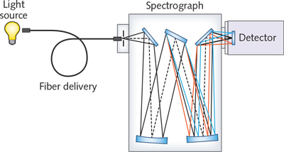 FIGURE 1. A typical spectroscopy system consists of a light source, optical fiber, spectrograph, and a CCD detector.