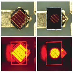 FIGURE 1. Masked point-source LED during production, with and without reticle. FIGURE 1. Masked point-source LED during production, with and without reticle.