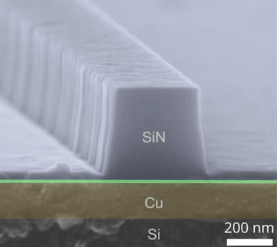 A nanoscale silicon nitride (SiN)-on-copper (Cu) plasmonic waveguide on a silicon (Si) chip is imaged via electron microscopy.