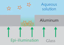 Subdiffraction perforations in an array function as regularly spaced fluorescent point emitters. Widefield epi-illumination (green) passes through the glass coverslip into a nanoscale opening etched into a layer of aluminum. An aqueous solution of fluorescent dyes fills the nanohole from the top, and the spatially restricted light emitted from dyes diffusing within the hole (orange) is detected from below. Subdiffraction perforations in an array function as regularly spaced fluorescent point emitters. Widefield epi-illumination (green) passes through the glass coverslip into a nanoscale opening etched into a layer of aluminum. An aqueous solution of fluorescent dyes fills the nanohole from the top, and the spatially restricted light emitted from dyes diffusing within the hole (orange) is detected from below.