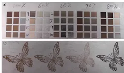 FIGURE 1. Precise control over peak power, marking speed, and number of pulses allows for color laser annealing (printing) on stainless steel with immense detail. Examples show a number of obtainable colors (a) and the high printed quality of a complex pattern (b). FIGURE 1. Precise control over peak power, marking speed, and number of pulses allows for color laser annealing (printing) on stainless steel with immense detail. Examples show a number of obtainable colors (a) and the high printed quality of a complex pattern (b).