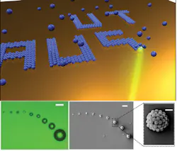 Bubble-pen lithography (BPL) is a way to pattern colloidal particles such as quantum dots, polystyrene beads, or other nanoparticles on plasmon substrates by using a laser to create optically controlled microbubbles that trap and immobilize the particles at the bubble (upper). Different laser power densities create bubbles of different sizes (lower left) that can trap particles in a three-dimensional shape on the spherical shell of the bubble itself (lower right). Bubble-pen lithography (BPL) is a way to pattern colloidal particles such as quantum dots, polystyrene beads, or other nanoparticles on plasmon substrates by using a laser to create optically controlled microbubbles that trap and immobilize the particles at the bubble (upper). Different laser power densities create bubbles of different sizes (lower left) that can trap particles in a three-dimensional shape on the spherical shell of the bubble itself (lower right).