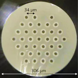 FIGURE 3. A 36-core fiber containing three different types of cores, each able to carry three modes, used in experiments at the National Institute of Information and Communications Technology in Tokyo. FIGURE 3. A 36-core fiber containing three different types of cores, each able to carry three modes, used in experiments at the National Institute of Information and Communications Technology in Tokyo.