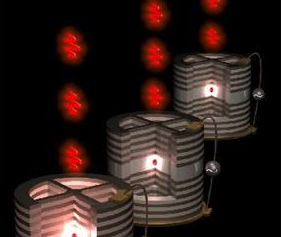 This image shows three single-photon sources. In each, a quantum dot is placed in the center of the cavity, which consists of a 3 &micro;m pillar connected to a circular frame by guides that are 1.3 &micro;m wide. By applying electrical voltage to the cavity, the wavelength of the emitted photons can be tuned and the charge noise totally eliminated.