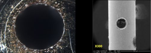 FIGURE 1. The drilling of a 150&micro;m hole, &PlusMinus; 10&micro;m in 200&micro;m-thick steel, with no post processing (left), and a spiral with 100&micro;m-wide elements machined in 50&micro;m-thick copper foil (right).