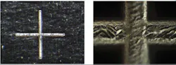 FIGURE 4. The fiber laser marker was used to machine a 25µm-thick metal foil to a 13µm depth. FIGURE 4. The fiber laser marker was used to machine a 25µm-thick metal foil to a 13µm depth.