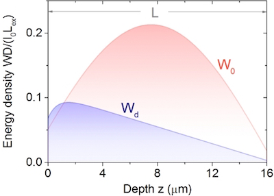 The blue curve shows the expected fall-off of energy density with increasing penetration depth of light in a scattering medium (the small dip at the entering surface is a function of the scatterer's mean free path). The red enhanced diffusion curve shows a very different result: a sharp rise, resulting in much more energy stored inside the scattering layer.