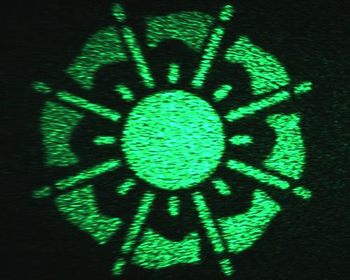 A new type of hologram&mdash;shown here in an image generated by the hologram in the visible spectrum&mdash;produces 3D images across different spectrums of light.