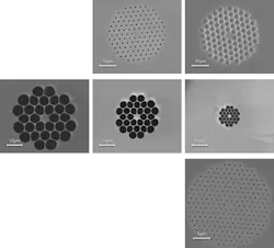 FIGURE 3. Scanning electron micrographs of PCFs used for supercontinuum generation include a small-hole, endlessly single-mode design (top row, left); a large-hole, 'blue enhanced' supercontinuum fiber (top row, right); three stages of a fiber tapered over 5 m for ultraviolet-enhanced supercontinuum generation (middle row, from left to right); and a fiber with an all-normal dispersion profile for coherent supercontinuum generation (bottom row). FIGURE 3. Scanning electron micrographs of PCFs used for supercontinuum generation include a small-hole, endlessly single-mode design (top row, left); a large-hole, 'blue enhanced' supercontinuum fiber (top row, right); three stages of a fiber tapered over 5 m for ultraviolet-enhanced supercontinuum generation (middle row, from left to right); and a fiber with an all-normal dispersion profile for coherent supercontinuum generation (bottom row).