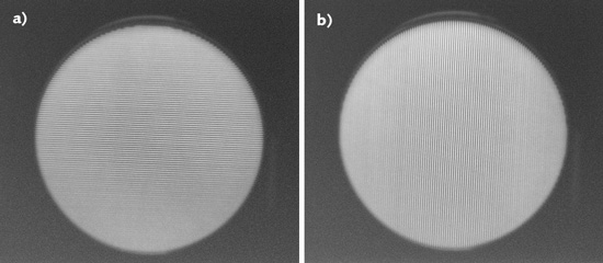 FIGURE 1. A card printed with 1 mm black/white line pairs oriented horizontally (a) and vertically (b) can be used to assess vertical and horizontal interferometer imaging performance, respectively. Image degradation is seen at the edges of the image in this Gen II interferometer, indicating limitations in spatial frequencies that can be measured.