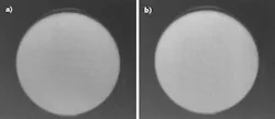 FIGURE 1. A card printed with 1 mm black/white line pairs oriented horizontally (a) and vertically (b) can be used to assess vertical and horizontal interferometer imaging performance, respectively. Image degradation is seen at the edges of the image in this Gen II interferometer, indicating limitations in spatial frequencies that can be measured. FIGURE 1. A card printed with 1 mm black/white line pairs oriented horizontally (a) and vertically (b) can be used to assess vertical and horizontal interferometer imaging performance, respectively. Image degradation is seen at the edges of the image in this Gen II interferometer, indicating limitations in spatial frequencies that can be measured.