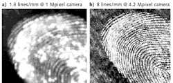 FIGURE 2. In a Gen II interferometer, you know you have a fingerprint (a), whereas a Gen V interferometer produces a definitive image (b) with mid-spatial frequency features that allow you to find out whose fingerprint it is. FIGURE 2. In a Gen II interferometer, you know you have a fingerprint (a), whereas a Gen V interferometer produces a definitive image (b) with mid-spatial frequency features that allow you to find out whose fingerprint it is.
