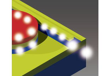 A microlaser made of a thin cylinder of InGaAsP (red) on silicon (blue) is only 2 &mu;m in diameter (the yellow is an insulating but light-transparent laser of SiO2). The device produces near-IR photons, which in this artist's concept look like little instances of ball lightning.