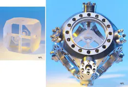 At left is the optical stabilizing reference cavity itself; at right is the cavity in its vacuum chamber. At left is the optical stabilizing reference cavity itself; at right is the cavity in its vacuum chamber.
