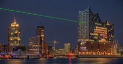 The laser in the night sky and the message on the base of Hamburg's new concert hall and landmark, the Elbphilharmonie, welcomes the European XFEL. The laser in the night sky and the message on the base of Hamburg's new concert hall and landmark, the Elbphilharmonie, welcomes the European XFEL.