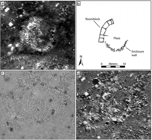 A Chaco-era room block at Blue J, NM as it appears in (a) 5:18 am thermal image; (b) architectural plan produced by test excavations; (c) a color image, and thermal images from (d) 6:18 am.