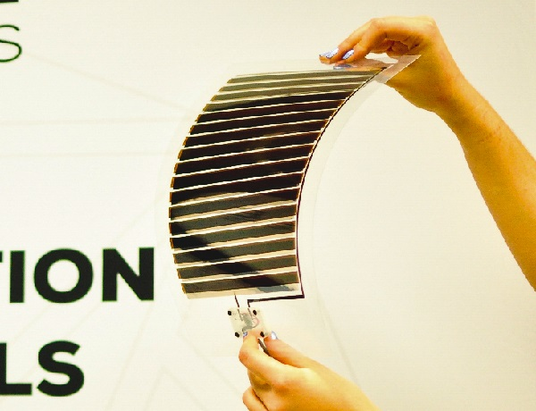 Flexible, printed perovskite solar cells have been scaled up to the size of an A4 sheet of paper.