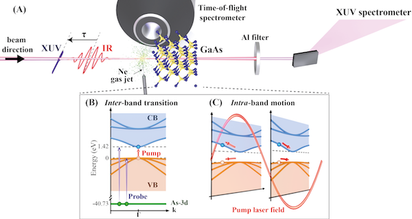 Scheme of the experimental pump&ndash;probe setup. (A) An intense few-cycle infrared (IR) laser pulse is combined with a single attosecond probe pulse with a spectrum in the extreme-ultraviolet (XUV) energy regime. (B) & (C) Illustration of IR-induced inter- and intraband transitions. Adapted from Schlaepfer et al., Nature Physics doi:10.1038/s41567-018-0069-0 (2018).