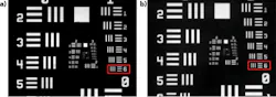 FIGURE 2. An Air Force resolution test target (a) is imaged through a hydrogel flat substrate and (b) imaged through a +1.5D Fresnel lens that was written into the hydrogel flat plate, showing high image quality. FIGURE 2. An Air Force resolution test target (a) is imaged through a hydrogel flat substrate and (b) imaged through a +1.5D Fresnel lens that was written into the hydrogel flat plate, showing high image quality.