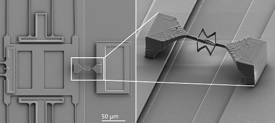 Shown is a 3D microstructure printed on a MEMS actuator.