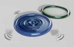 A phonon laser formed by coupled optical resonators. Mechanical vibrations in resonator (blue) could be enhanced when the frequency difference of two optical supermodes matches with the frequency mechanical vibrations. A phonon laser formed by coupled optical resonators. Mechanical vibrations in resonator (blue) could be enhanced when the frequency difference of two optical supermodes matches with the frequency mechanical vibrations.