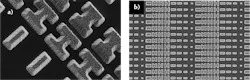 As seen in a scanning electron microscope image, a large array of gradually varying H-shaped PbTe “meta-atoms,” which are spaced 2.5 µm apart on a CaF2 substrate in a pattern that repeats every 20 µm, mimics a blazed-grating beam deflector for use in the 5 µm wavelength mid-IR region (a); a close-up of the array shows that the nanostructures have low aspect ratios, making them easier to fabricate (b). As seen in a scanning electron microscope image, a large array of gradually varying H-shaped PbTe “meta-atoms,” which are spaced 2.5 µm apart on a CaF2 substrate in a pattern that repeats every 20 µm, mimics a blazed-grating beam deflector for use in the 5 µm wavelength mid-IR region (a); a close-up of the array shows that the nanostructures have low aspect ratios, making them easier to fabricate (b).