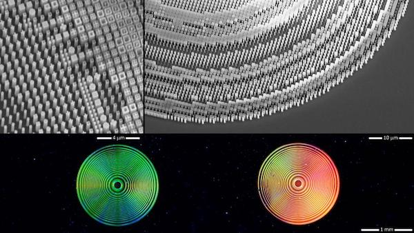 Scanning electron micrographs show extreme close-ups of the Columbia University broadband metasurface lens (top left and right). The lens is composed of silicon nanopillars with various cross-sectional shapes patterned on a glass substrate. The bottom images show two elements of a multielement metalens imaging system.