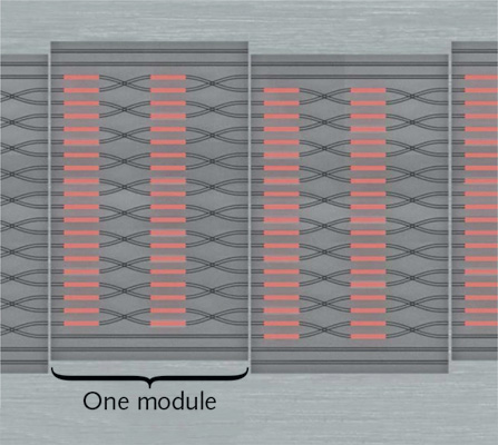 A schematic of a few chained modular linear optical-circuit chips shows offsetting of each chip from the previous by one waveguide, thus forming a multiport interferometer; microheater phase shifters are shown in red.