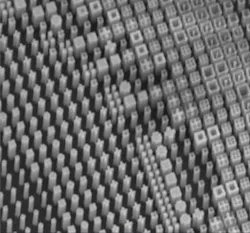 Close-up of metasurface lens features. Close-up of metasurface lens features.