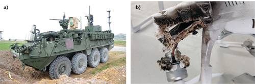 A MEHEL-equipped Stryker shot small fixed- and rotary-wing UAS out of the sky using a 5 kW fiber laser in April 2018 during MFIX-17 at Fort Sill, a first for the Army ([a]; photo credit: U.S. Army photo by C. Todd Lopez, Army News Service). Shown is one of the drones shot down by a MEHEL-equipped Stryker in April at Fort Sill during MFIX-17 (b). Lessons learned during MFIX-17 will make the MEHEL easier for Soldiers to operate.