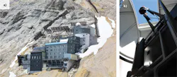 The Schneefernerhaus research station, near the top of Mount Zugspitze in Germany, is used to conduct climate research (a). The station’s 1.5 m Newtonian telescope and differential absorption lidar (DIAL) system has been upgraded with a modified 350 W 308 nm xenon chloride (XeCl) excimer laser. The telescope (b) collects all the backscattered radiation, including all Raman components, into the six-channel detection system. The secondary mirror (seen with the sky in background) is mounted about 4.3 m above the primary mirror. The Schneefernerhaus research station, near the top of Mount Zugspitze in Germany, is used to conduct climate research (a). The station’s 1.5 m Newtonian telescope and differential absorption lidar (DIAL) system has been upgraded with a modified 350 W 308 nm xenon chloride (XeCl) excimer laser. The telescope (b) collects all the backscattered radiation, including all Raman components, into the six-channel detection system. The secondary mirror (seen with the sky in background) is mounted about 4.3 m above the primary mirror.