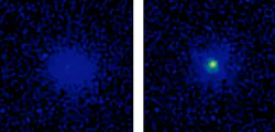 A test star is imaged with the MOAO correction system switched off (left) and then with it on (right). A test star is imaged with the MOAO correction system switched off (left) and then with it on (right).