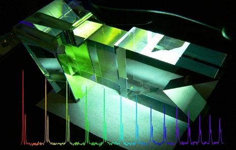 Wavefront-division interferometer during manufacture at the Laboratoire d'Optique of the Institut d'Optique in Orsay. This optical unit is part of a Fourier transform spectrometer dedicated to absorption spectroscopy in the VUV spectral range. The superimposed spectrum shows the Rydberg series nd[2P3/2] and ns[2P3/2], converging towards the Kr ionization threshold of about 88 nm.