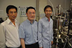 Researchers at the University of California, Riverside are part of the team who created an electrically pumped zinc oxide nanowire-waveguide laser. From left to right are Guoping Wang, a graduate student; Jianlin Liu, a professor of electrical engineering; and Sheng Chu, a graduate student. Researchers at the University of California, Riverside are part of the team who created an electrically pumped zinc oxide nanowire-waveguide laser. From left to right are Guoping Wang, a graduate student; Jianlin Liu, a professor of electrical engineering; and Sheng Chu, a graduate student.