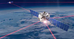 A sketch shows how lasers are used to communicate between satellites and between ground stations. A sketch shows how lasers are used to communicate between satellites and between ground stations.